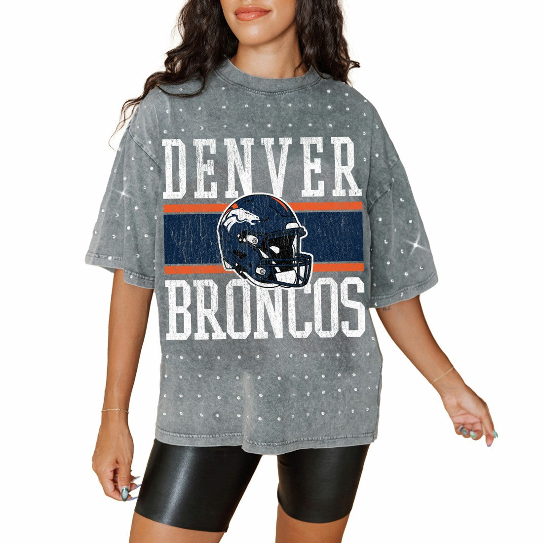 Denver Broncos Gameday Couture Women's Oversized Mini Rhinestone Classic T-Shirt - Gray T-shirts
