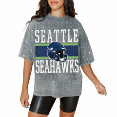 Seattle Seahawks Gameday Couture Women's Oversized Mini Rhinestone Classic T-Shirt - Gray T-shirts