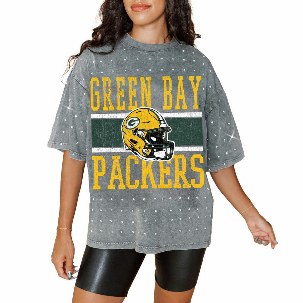 Green Bay Packers Gameday Couture Women's Oversized Mini Rhinestone Classic T-Shirt - Gray T-shirts