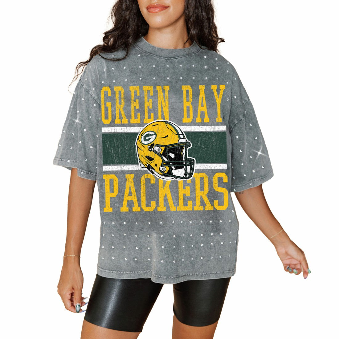 Green Bay Packers Gameday Couture Women's Oversized Mini Rhinestone Classic T-Shirt - Gray T-shirts