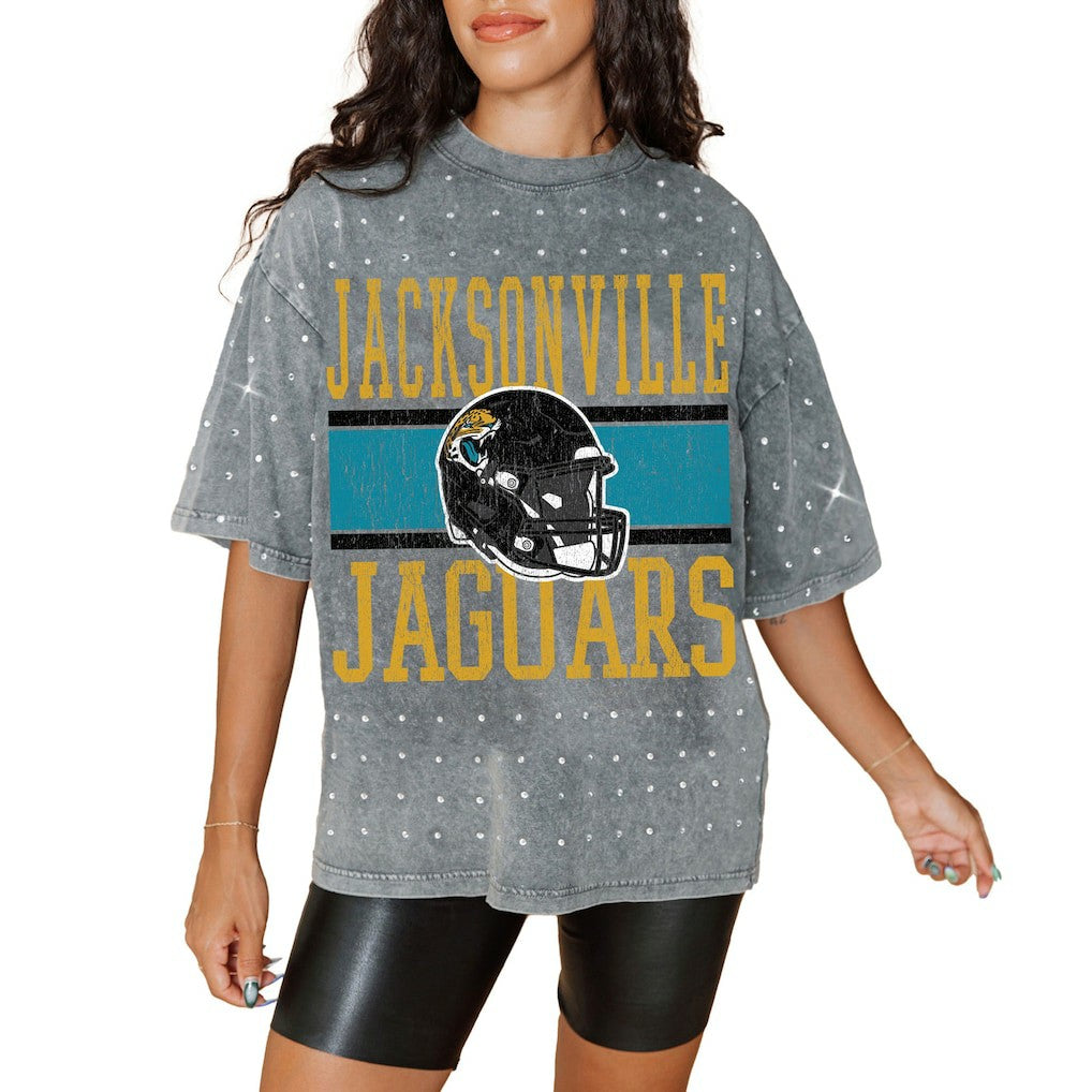 Jacksonville Jaguars Gameday Couture Women's Oversized Mini Rhinestone Classic T-Shirt - Gray T-shirts