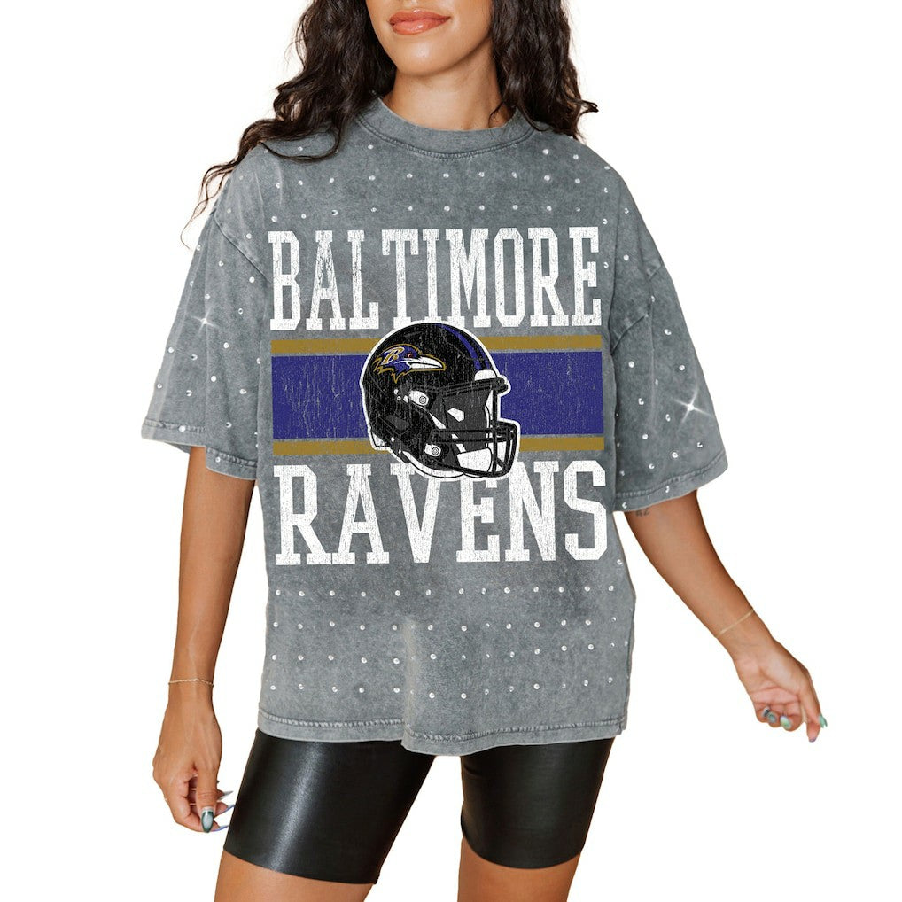 Baltimore Ravens Gameday Couture Women's Oversized Mini Rhinestone Classic T-Shirt - Gray T-shirts