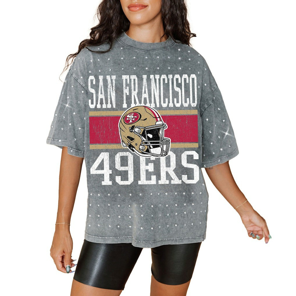 San Francisco 49ers Gameday Couture Women's Oversized Mini Rhinestone Classic T-Shirt - Gray T-shirts