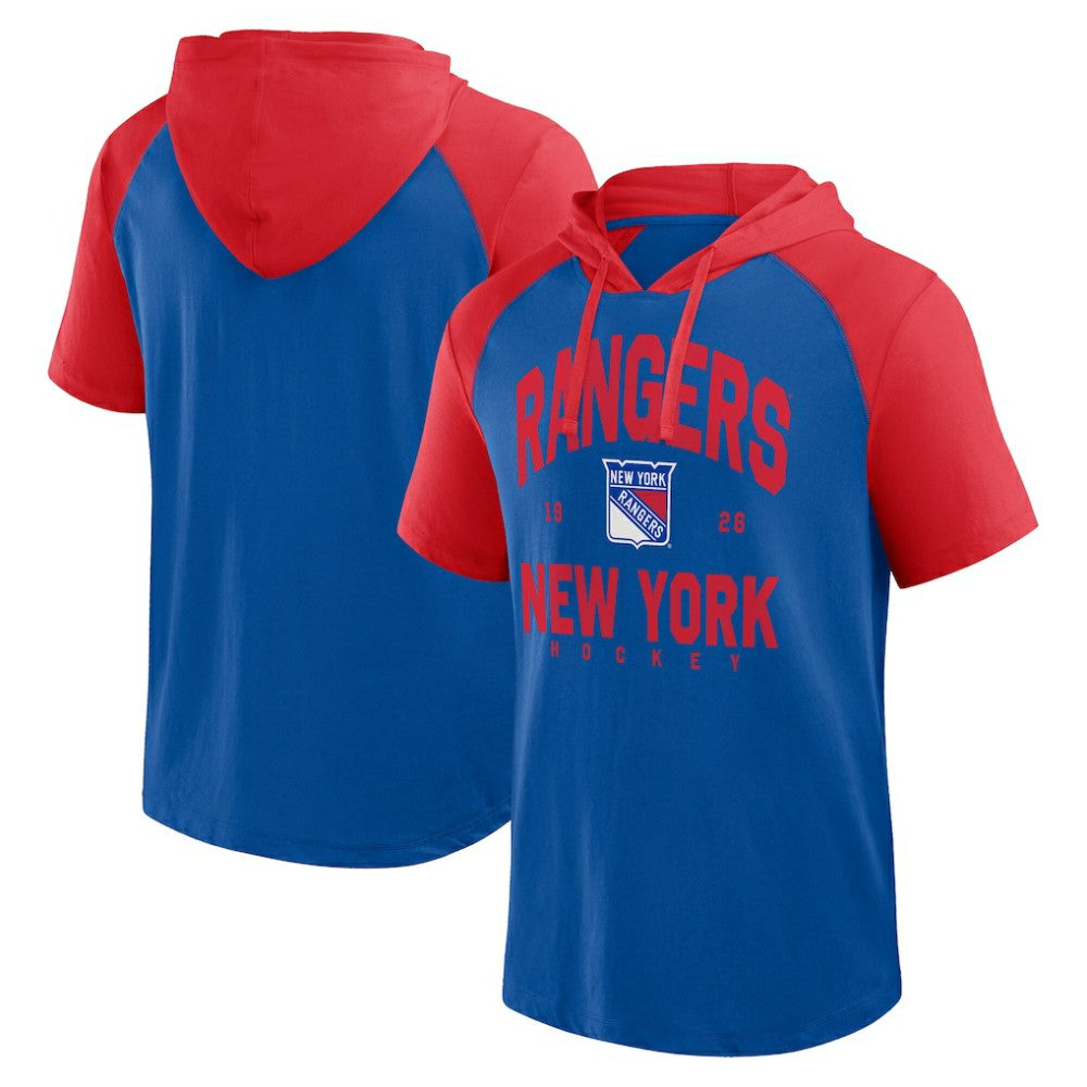 New York Rangers Logo Athletic Prime Raglan Short Sleeve Pullover Hoodie - Blue | US 202179704