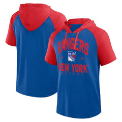 New York Rangers Logo Athletic Prime Raglan Short Sleeve Pullover Hoodie - Blue | US 202179704