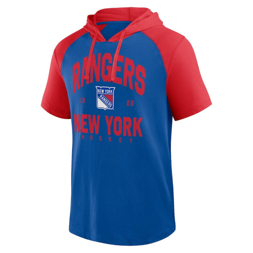New York Rangers Logo Athletic Prime Raglan Short Sleeve Pullover Hoodie - Blue | US 202179704