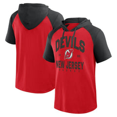 New Jersey Devils Logo Athletic Prime Raglan Short Sleeve Pullover Hoodie - Red | US 202179724