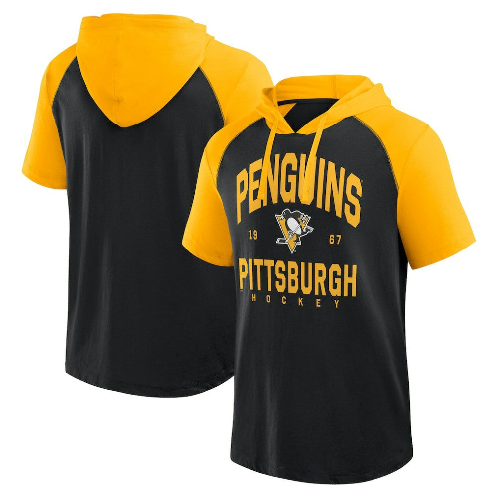 Pittsburgh Penguins Logo Athletic Prime Raglan Short Sleeve Pullover Hoodie - Black | US 202179727