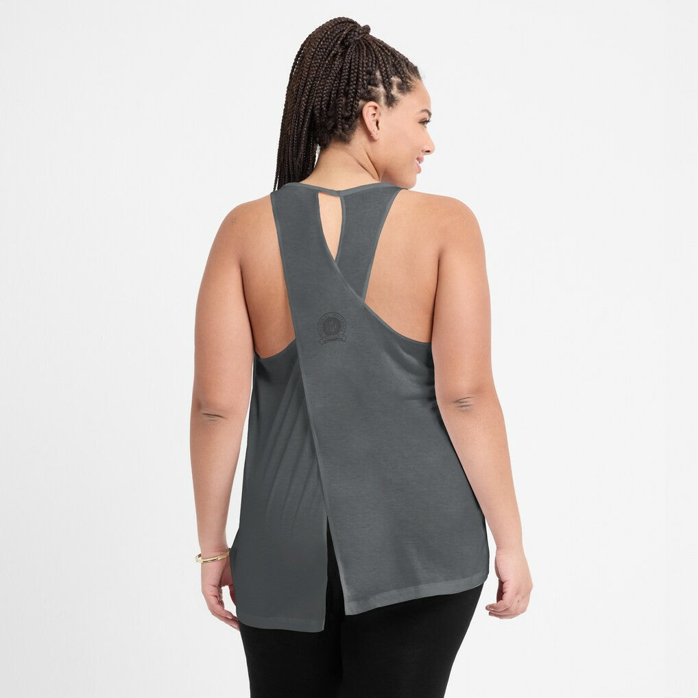 Las Vegas Raiders Women's Glory Open-Back Crisscross Dri-FIT Tank Top - Charcoal Tops