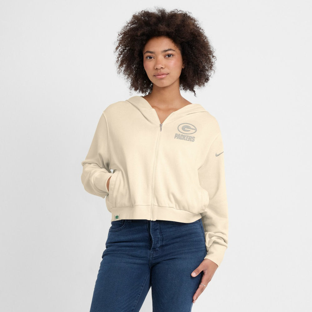 Green Bay Packers Women's Glory Cropped Full-Zip Hoodie - Cream Hoodies