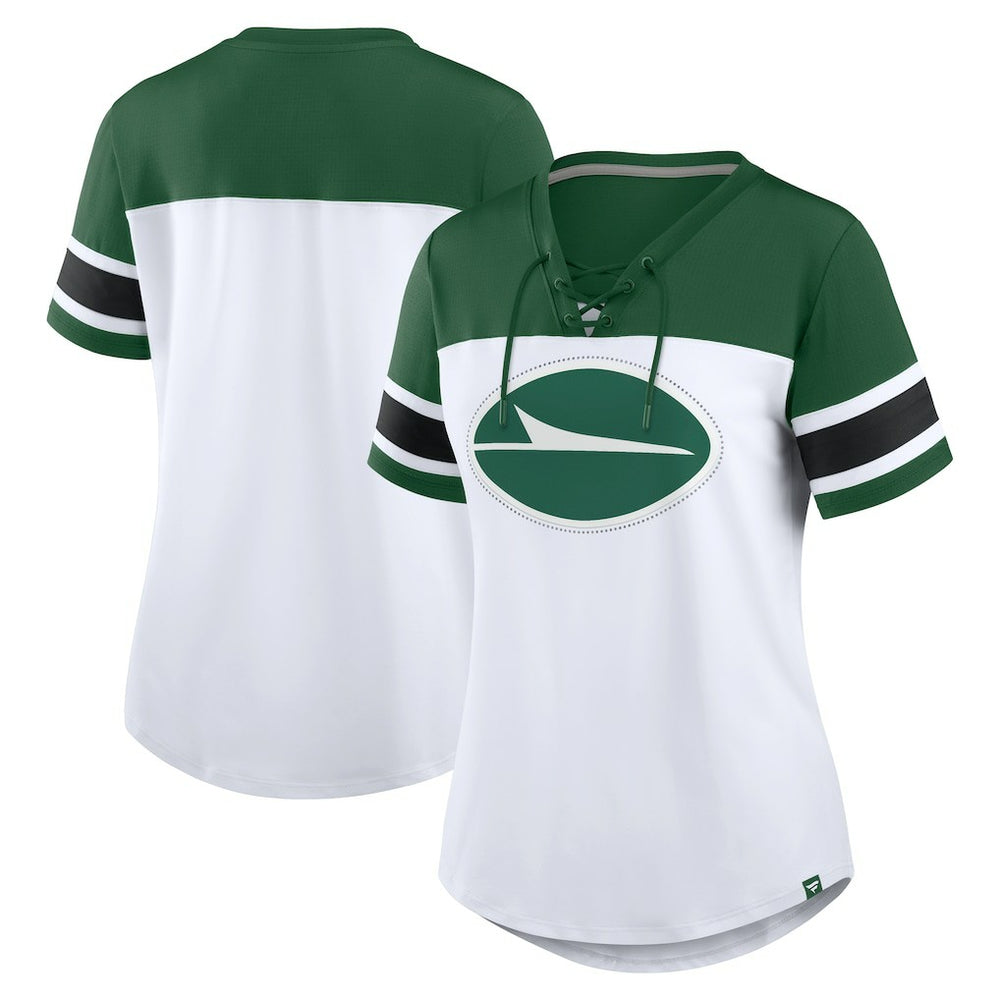 New York Jets Women's Athena Rhinestone Lace-Up V-Neck T-Shirt - White/Green T-shirts