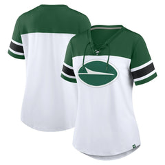 New York Jets Women's Athena Rhinestone Lace-Up V-Neck T-Shirt - White/Green T-shirts