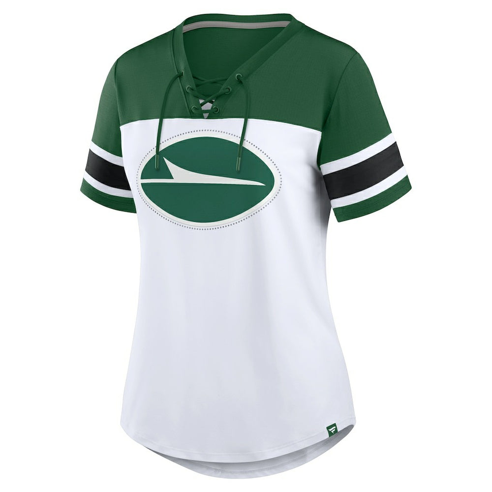 New York Jets Women's Athena Rhinestone Lace-Up V-Neck T-Shirt - White/Green T-shirts