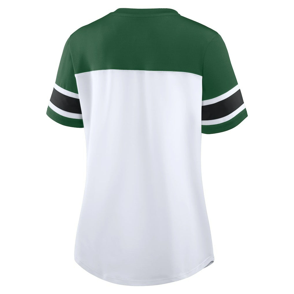 New York Jets Women's Athena Rhinestone Lace-Up V-Neck T-Shirt - White/Green T-shirts