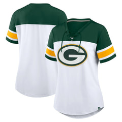 Green Bay Packers Women's Athena Rhinestone Lace-Up V-Neck T-Shirt - White/Green T-shirts
