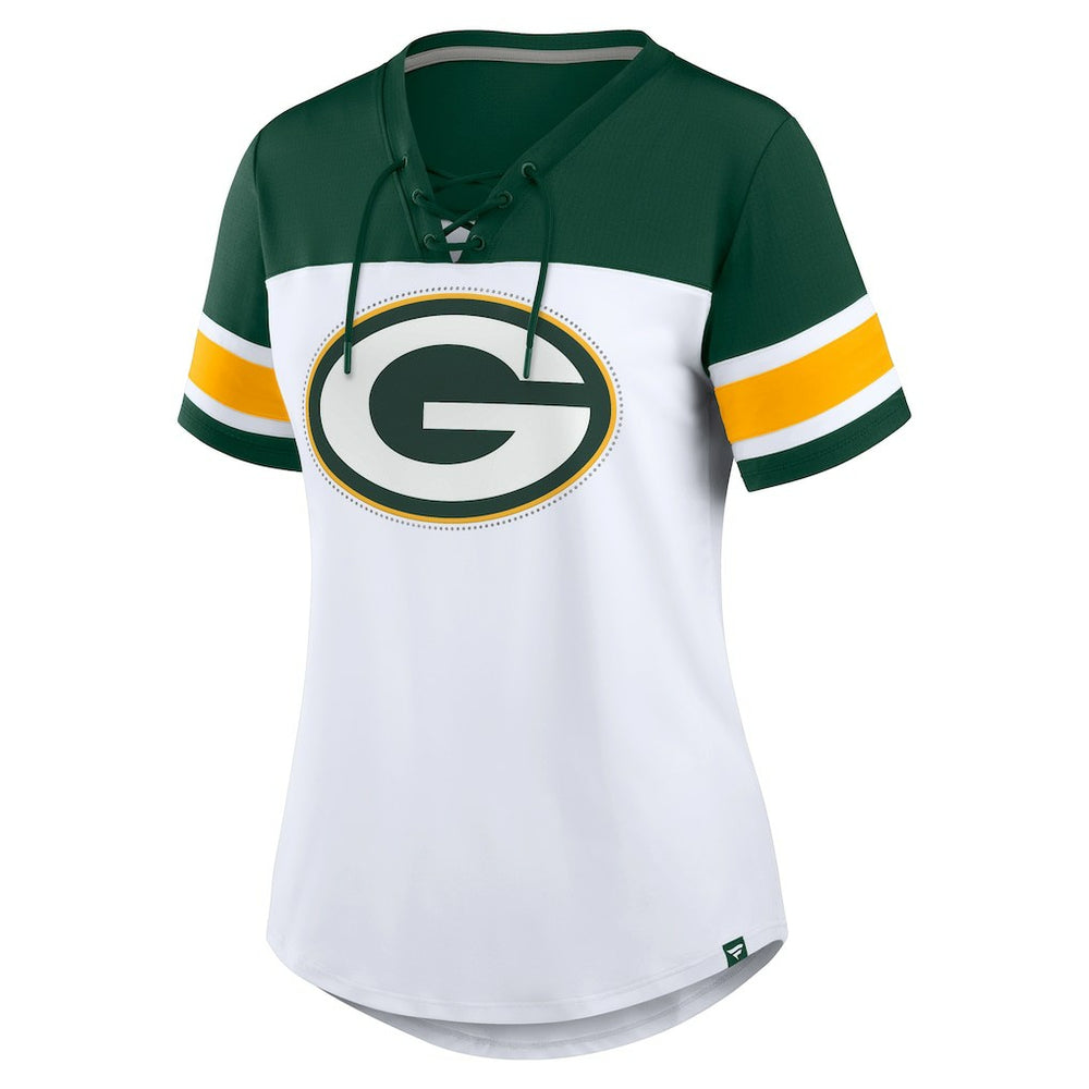 Green Bay Packers Women's Athena Rhinestone Lace-Up V-Neck T-Shirt - White/Green T-shirts