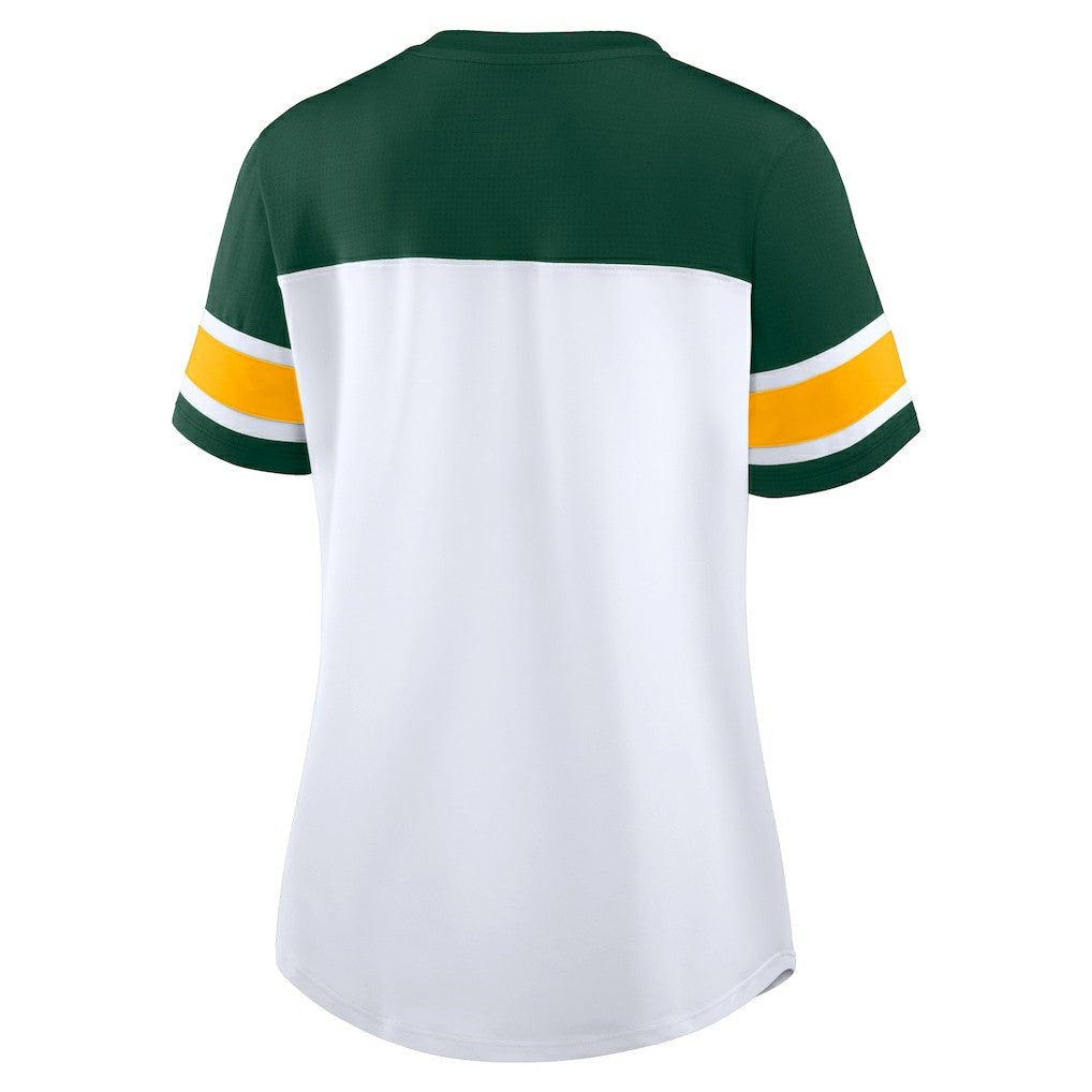 Green Bay Packers Women's Athena Rhinestone Lace-Up V-Neck T-Shirt - White/Green T-shirts