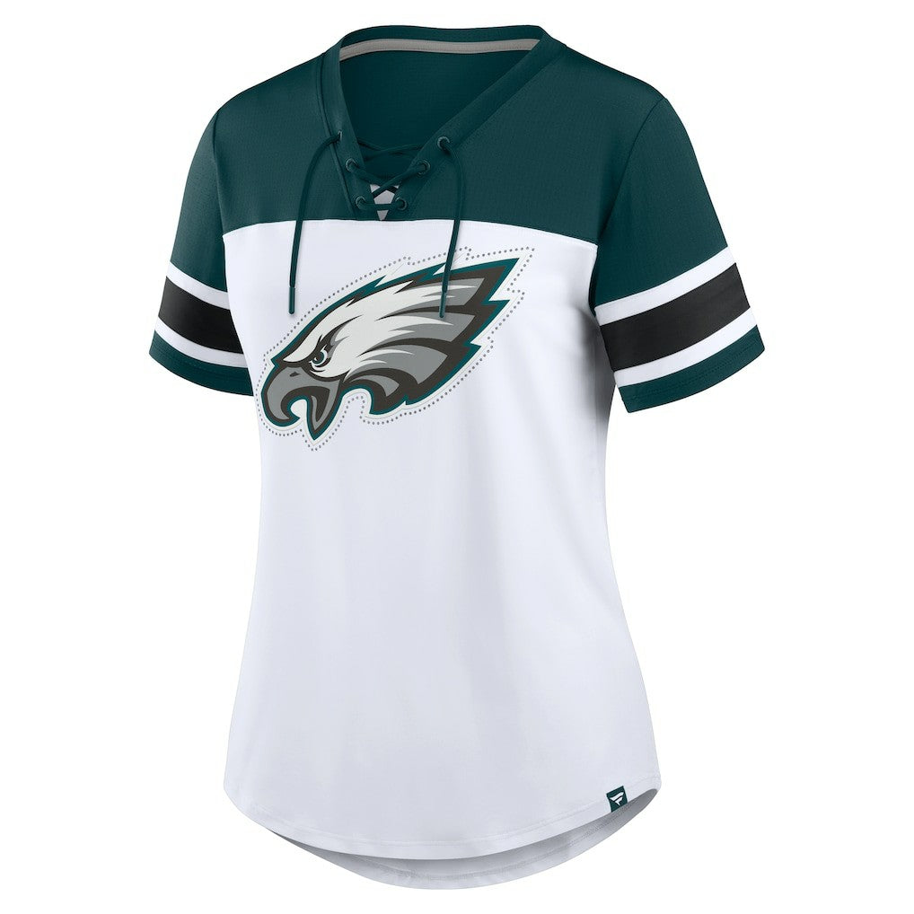Philadelphia Eagles Women's Athena Rhinestone Lace-Up V-Neck T-Shirt - White/Midnight Green T-shirts