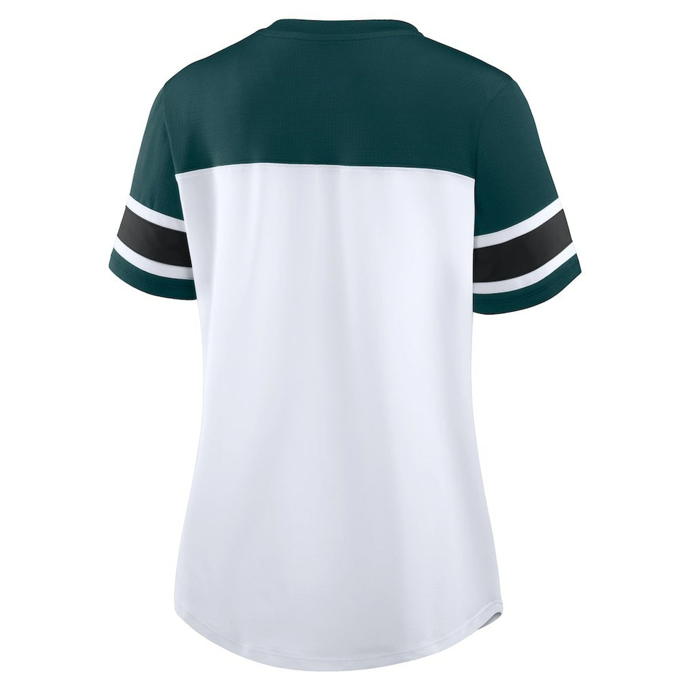 Philadelphia Eagles Women's Athena Rhinestone Lace-Up V-Neck T-Shirt - White/Midnight Green T-shirts