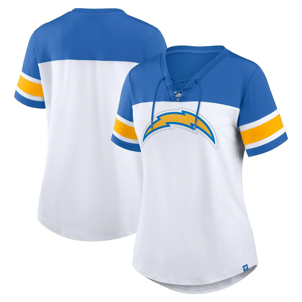 Los Angeles Chargers Women's Athena Rhinestone Lace-Up V-Neck T-Shirt - White/Powder Blue T-shirts