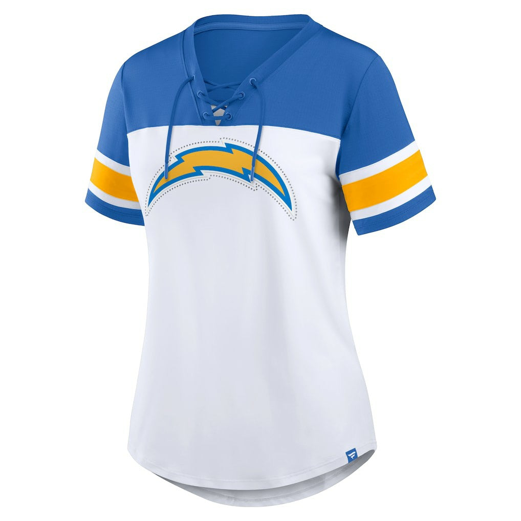 Los Angeles Chargers Women's Athena Rhinestone Lace-Up V-Neck T-Shirt - White/Powder Blue T-shirts