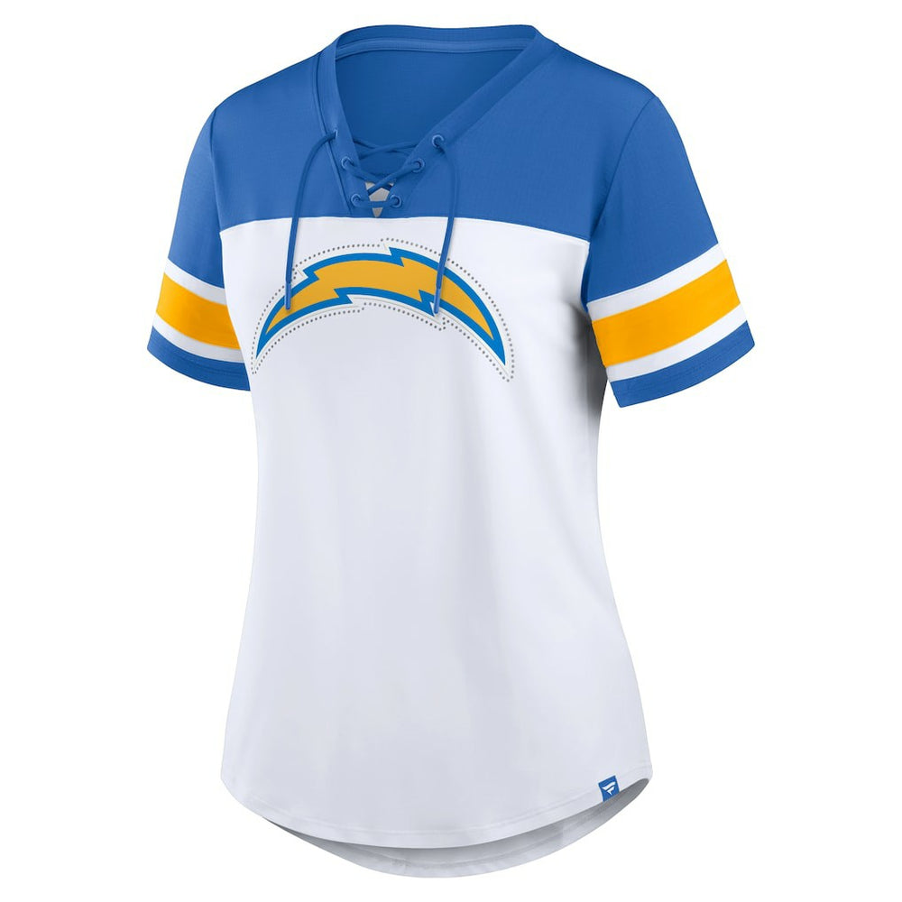 Los Angeles Chargers Women's Athena Rhinestone Lace-Up V-Neck T-Shirt - White/Powder Blue T-shirts