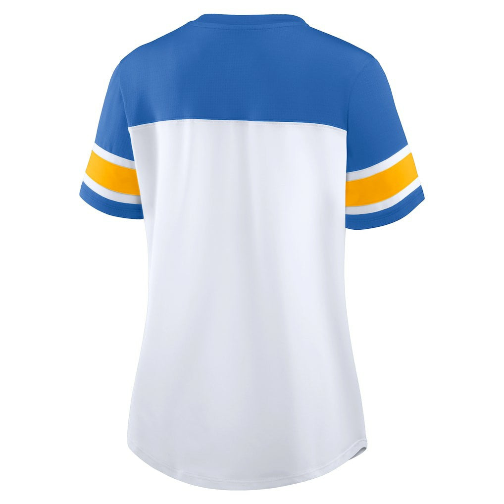Los Angeles Chargers Women's Athena Rhinestone Lace-Up V-Neck T-Shirt - White/Powder Blue T-shirts
