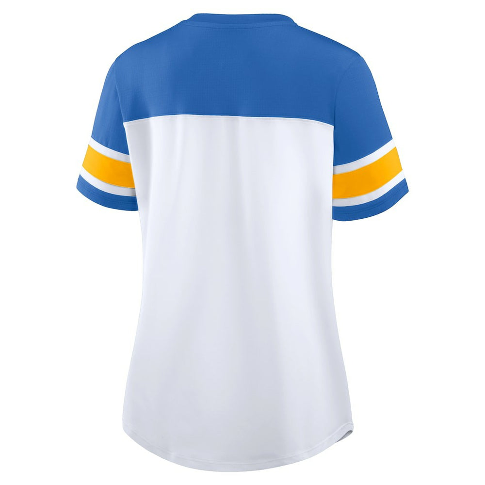 Los Angeles Chargers Women's Athena Rhinestone Lace-Up V-Neck T-Shirt - White/Powder Blue T-shirts