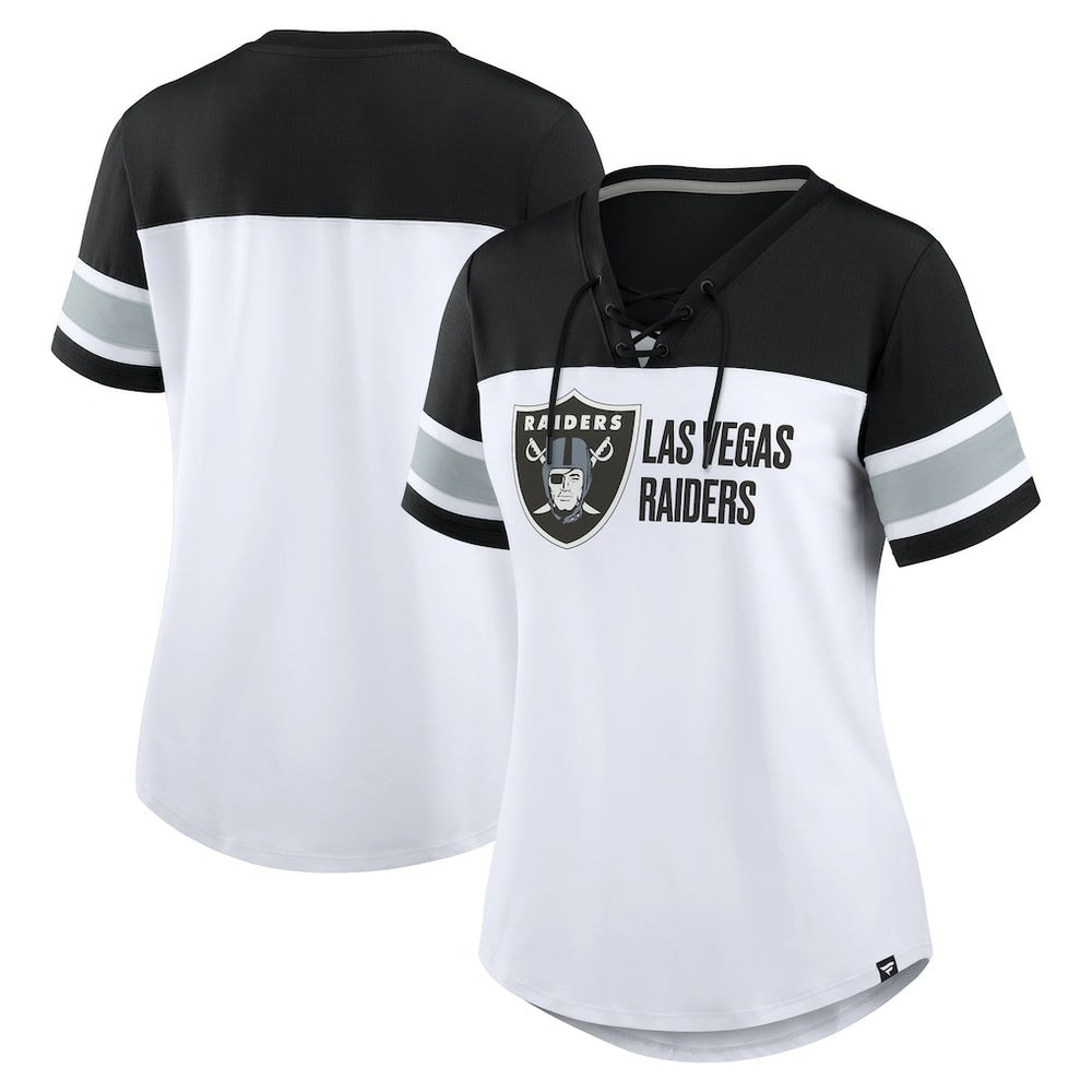 Las Vegas Raiders Women's Athena Lace-Up V-Neck T-Shirt - White/Black T-shirts