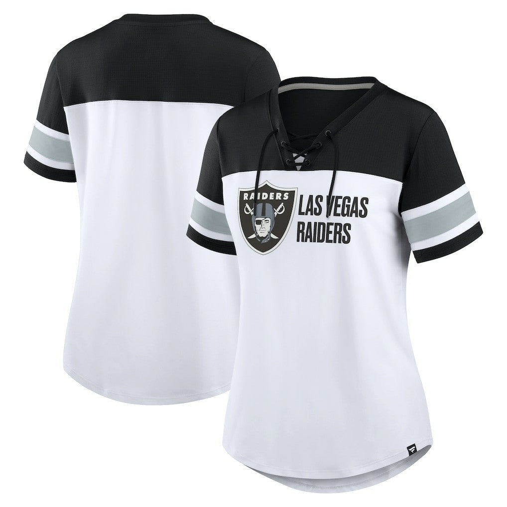 Las Vegas Raiders Women's Athena Lace-Up V-Neck T-Shirt - White/Black T-shirts