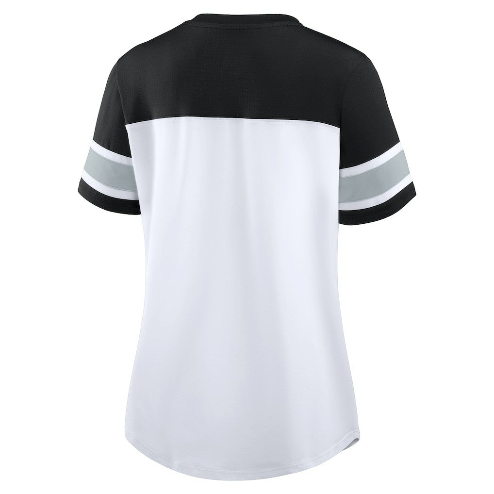 Las Vegas Raiders Women's Athena Lace-Up V-Neck T-Shirt - White/Black T-shirts
