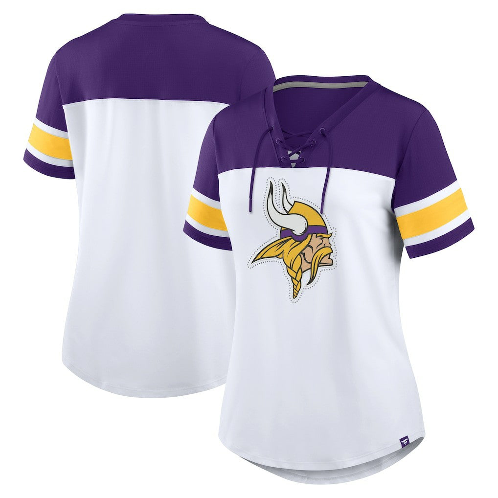 Minnesota Vikings Women's Athena Rhinestone Lace-Up V-Neck T-Shirt - White/Purple T-shirts