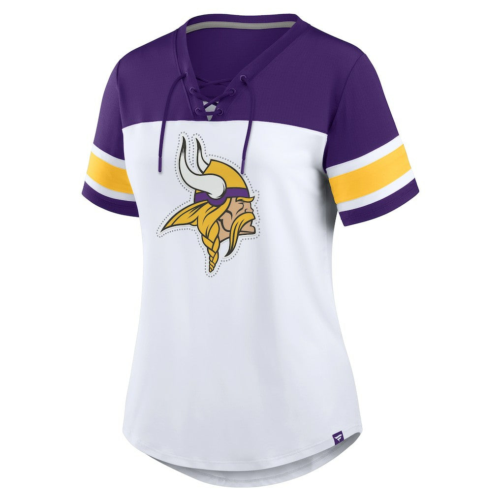 Minnesota Vikings Women's Athena Rhinestone Lace-Up V-Neck T-Shirt - White/Purple T-shirts