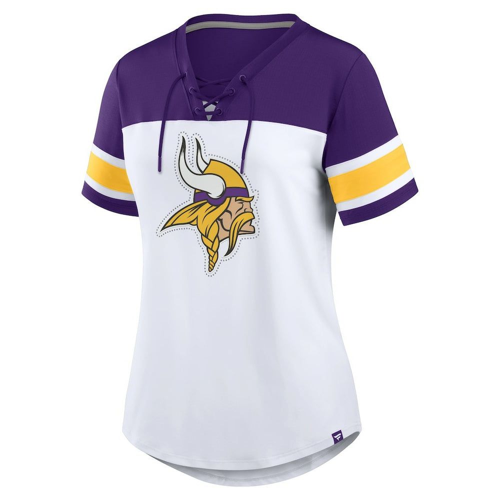Minnesota Vikings Women's Athena Rhinestone Lace-Up V-Neck T-Shirt - White/Purple T-shirts