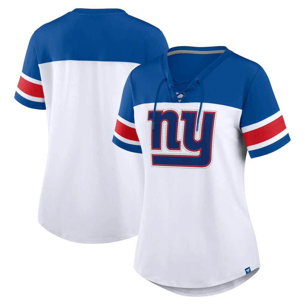 New York Giants Women's Athena Rhinestone Lace-Up V-Neck T-Shirt - White/Royal T-shirts
