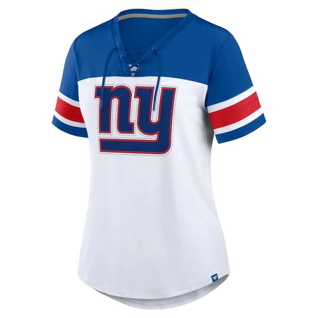 New York Giants Women's Athena Rhinestone Lace-Up V-Neck T-Shirt - White/Royal T-shirts