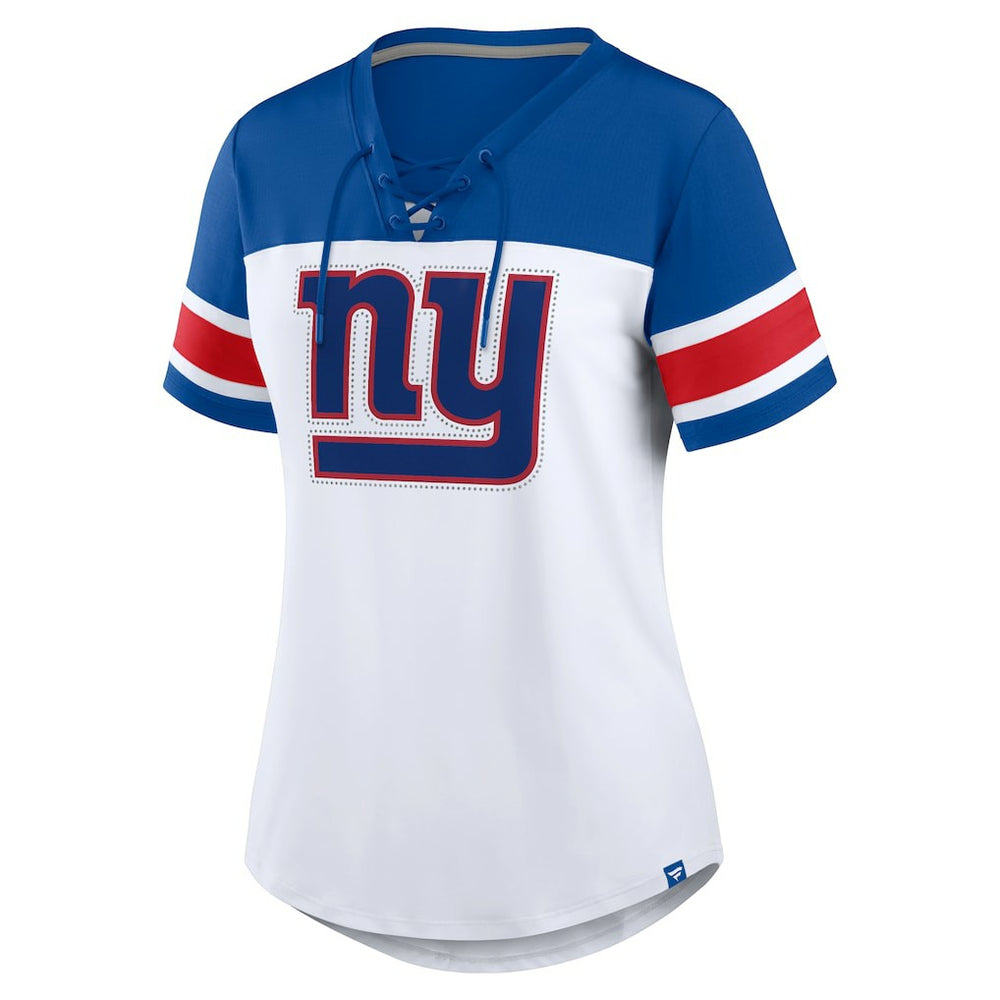 New York Giants Women's Athena Rhinestone Lace-Up V-Neck T-Shirt - White/Royal T-shirts