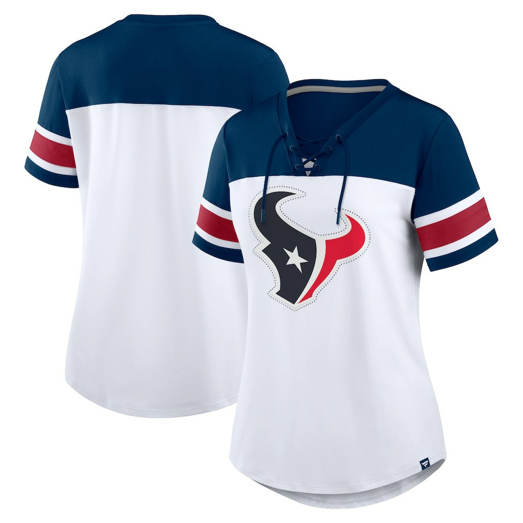 Houston Texans Women's Athena Rhinestone Lace-Up V-Neck T-Shirt - White/Navy T-shirts