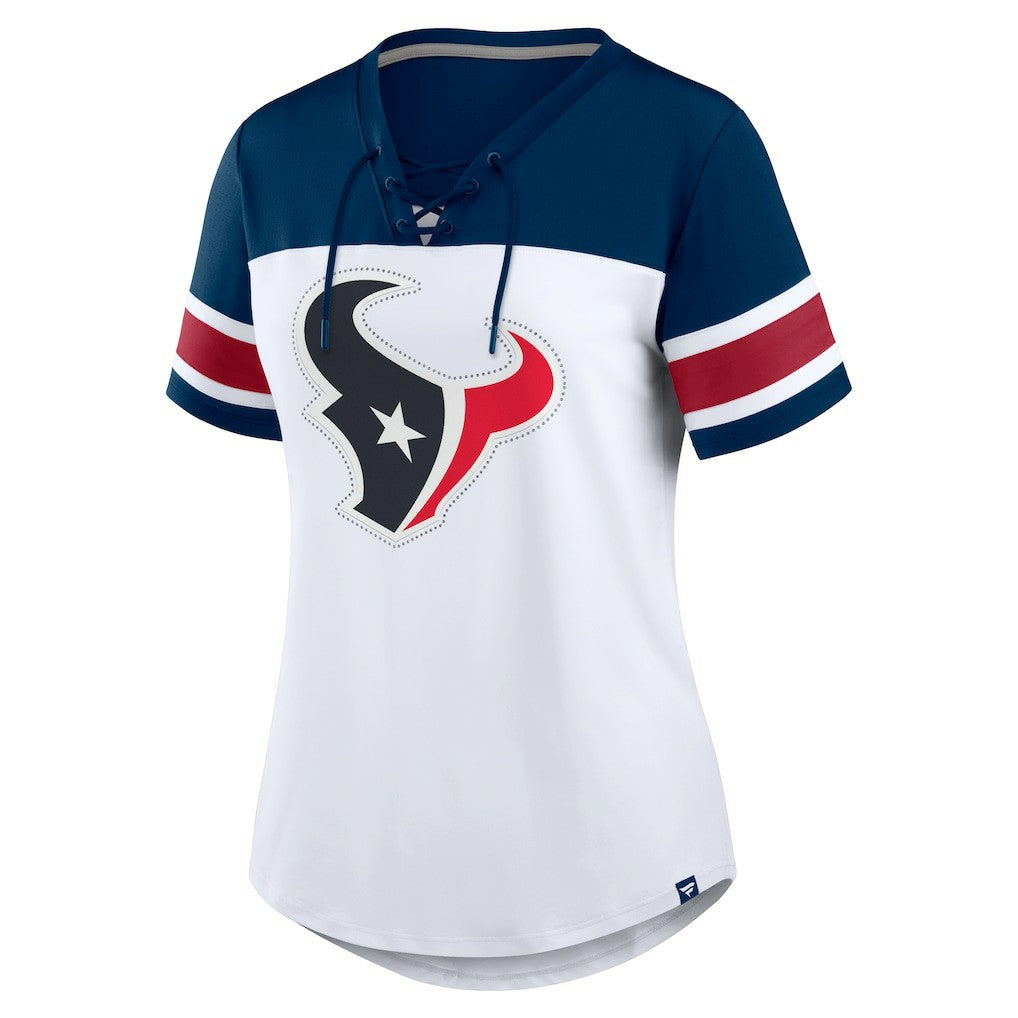 Houston Texans Women's Athena Rhinestone Lace-Up V-Neck T-Shirt - White/Navy T-shirts
