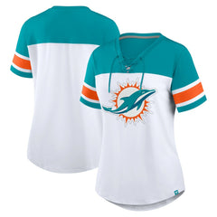 Miami Dolphins Women's Athena Rhinestone Lace-Up V-Neck T-Shirt - White/Aqua T-shirts