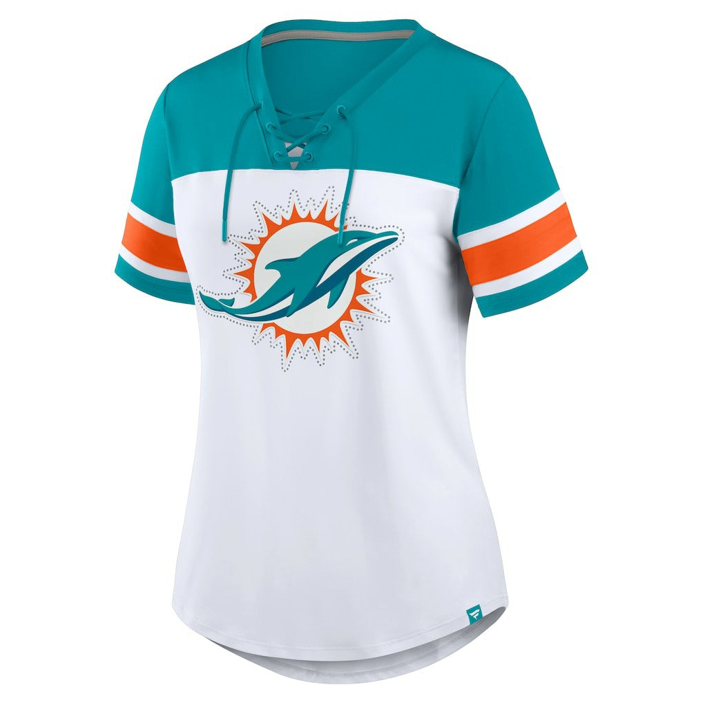 Miami Dolphins Women's Athena Rhinestone Lace-Up V-Neck T-Shirt - White/Aqua T-shirts