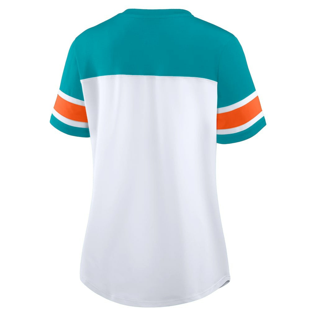 Miami Dolphins Women's Athena Rhinestone Lace-Up V-Neck T-Shirt - White/Aqua T-shirts