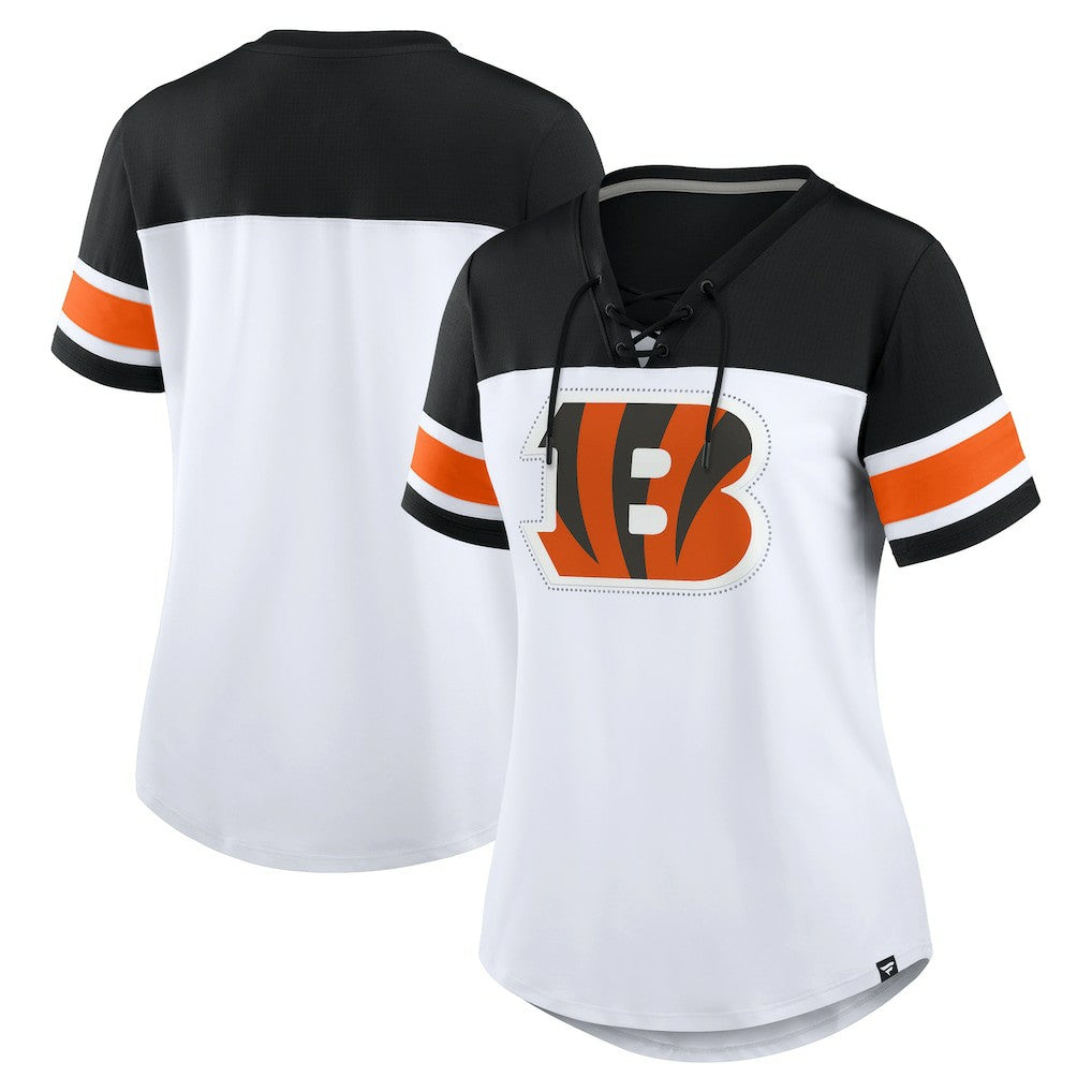 Cincinnati Bengals Women's Athena Rhinestone Lace-Up V-Neck T-Shirt - White/Black T-shirts