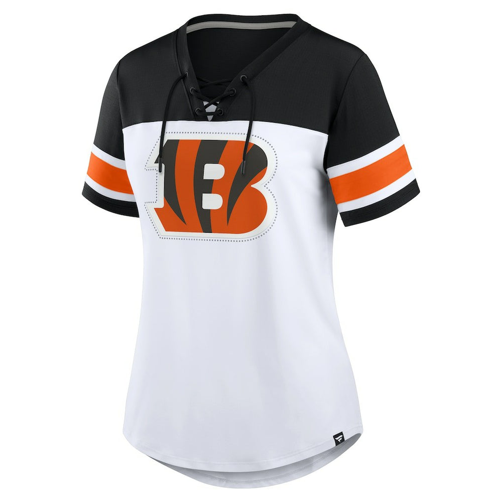 Cincinnati Bengals Women's Athena Rhinestone Lace-Up V-Neck T-Shirt - White/Black T-shirts