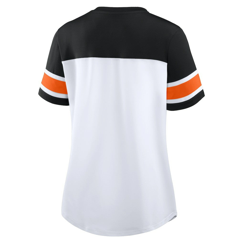 Cincinnati Bengals Women's Athena Rhinestone Lace-Up V-Neck T-Shirt - White/Black T-shirts