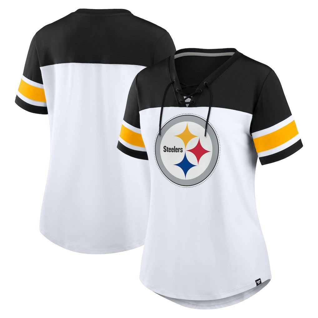 Pittsburgh Steelers Women's Athena Rhinestone Lace-Up V-Neck T-Shirt - White/Black T-shirts