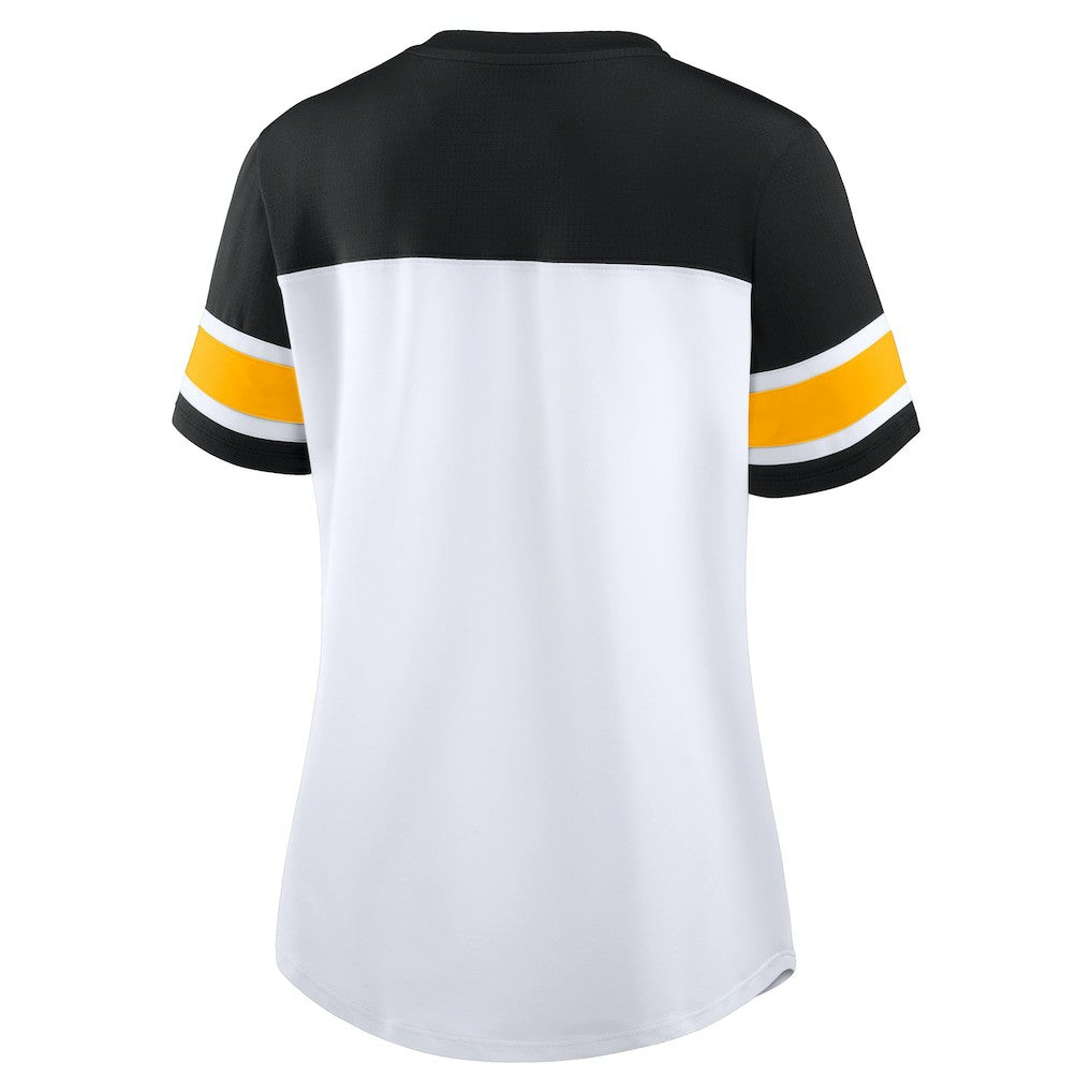 Pittsburgh Steelers Women's Athena Rhinestone Lace-Up V-Neck T-Shirt - White/Black T-shirts