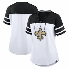 New Orleans Saints Women's Athena Rhinestone Lace-Up V-Neck T-Shirt - White/Black T-shirts