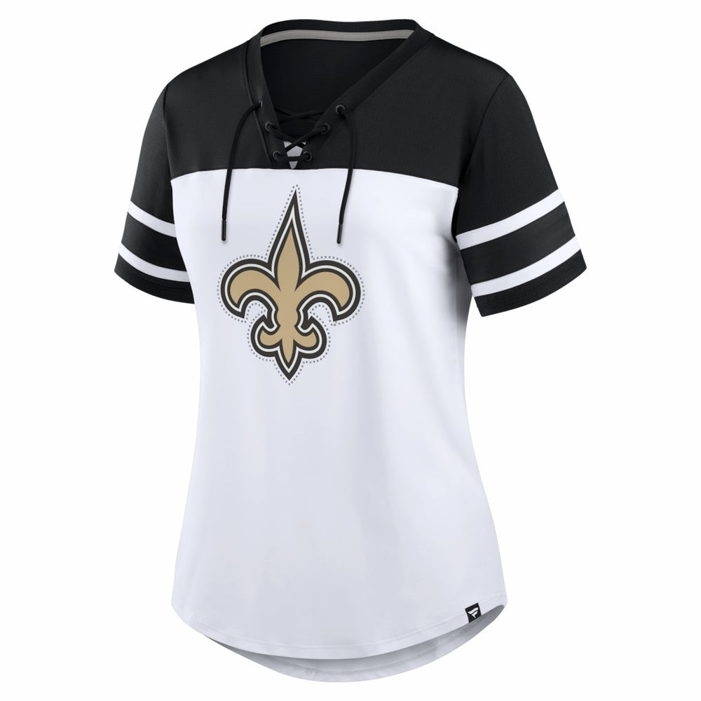 New Orleans Saints Women's Athena Rhinestone Lace-Up V-Neck T-Shirt - White/Black T-shirts
