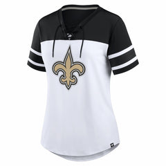New Orleans Saints Women's Athena Rhinestone Lace-Up V-Neck T-Shirt - White/Black T-shirts